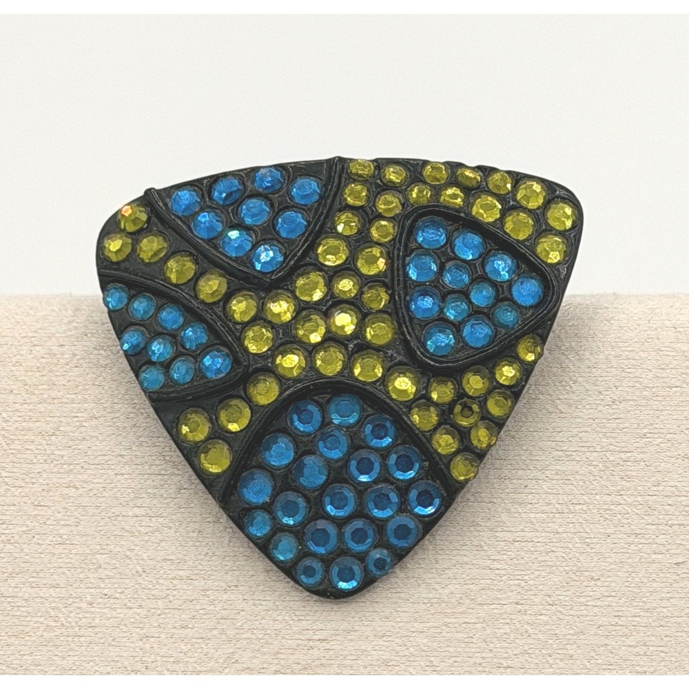 Vintage Kramer Signed Japanned Triangle Brooch Blue Yellow Rhinestones MCM